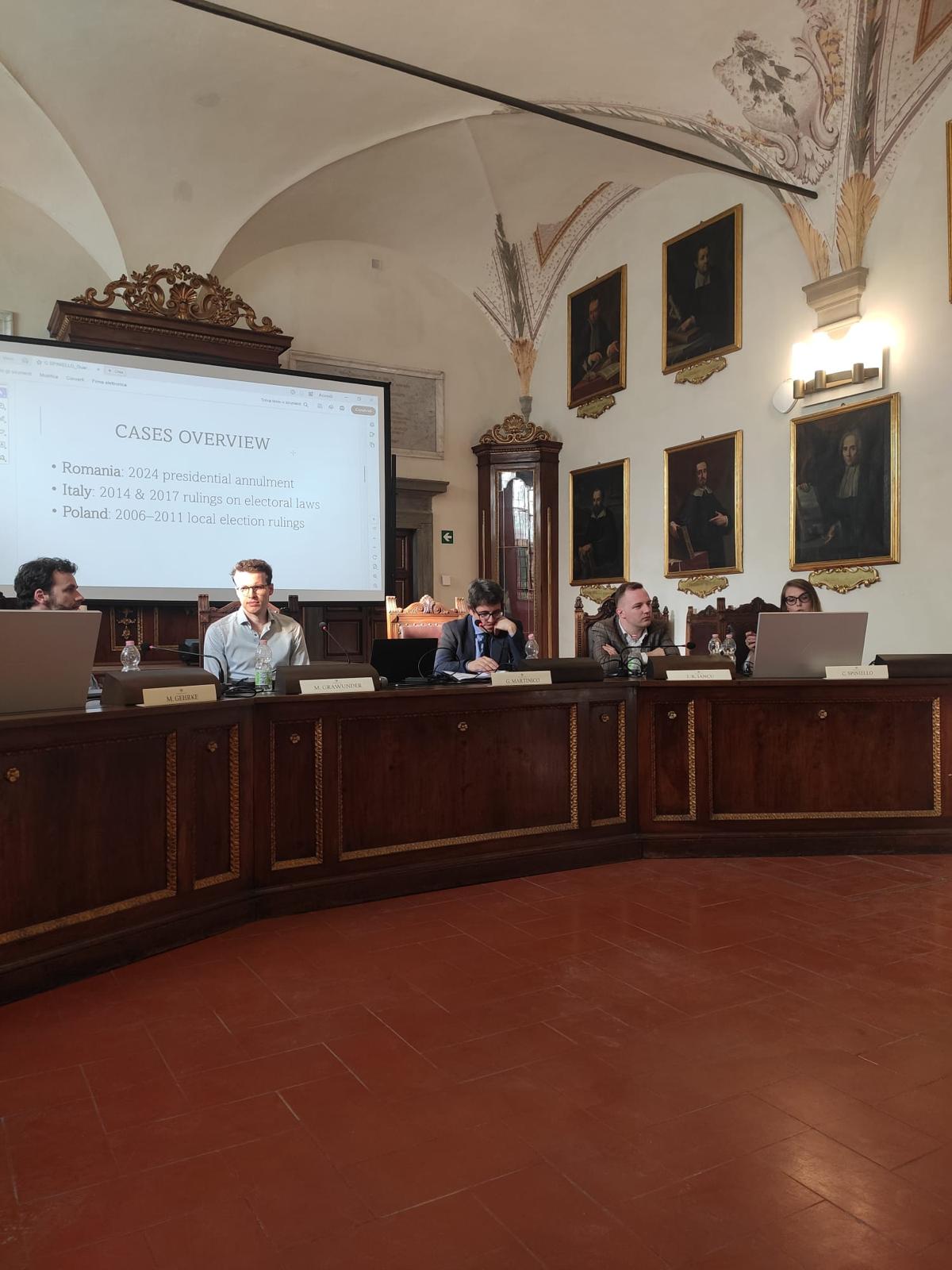 Chiara Spiniello speaking at the University of Pisa workshop on Constitutional Courts and Electoral Integrity