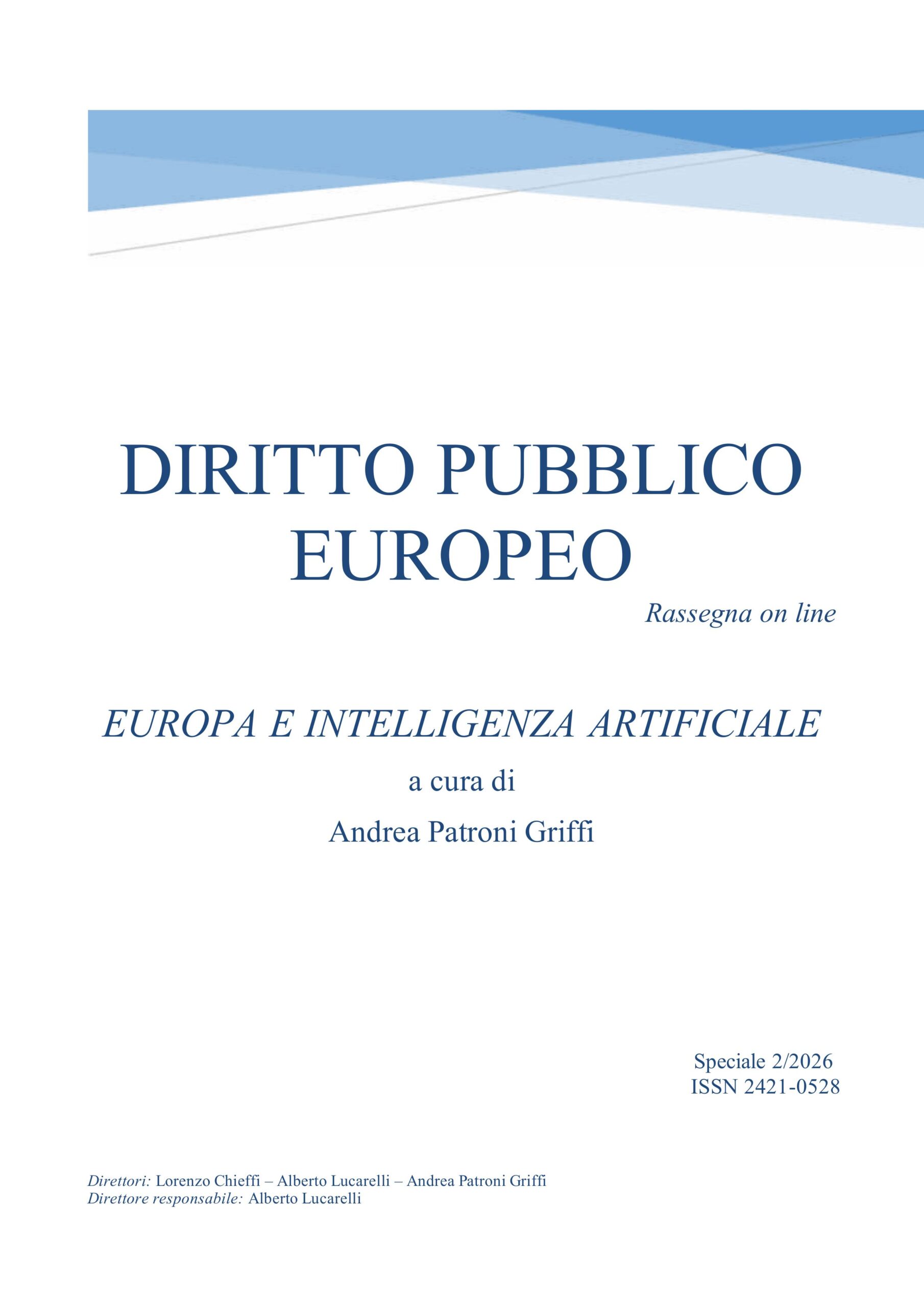Cover of Diritto Pubblico Europeo Rassegna online, special issue 2/2026: Europa e intelligenza artificiale